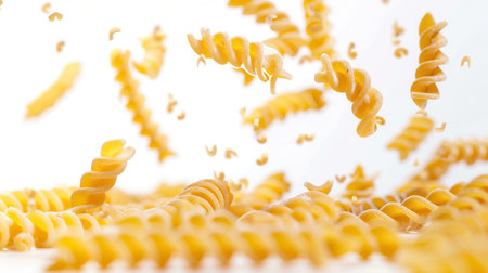 Close-up view of raw Italian pasta falling gracefully against a white background.の素材