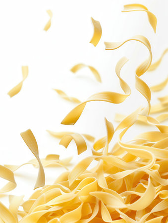 Raw pasta falling on a white surface.の素材