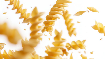 Raw Italian pasta, in a spiral shape, falls against a white background.の素材