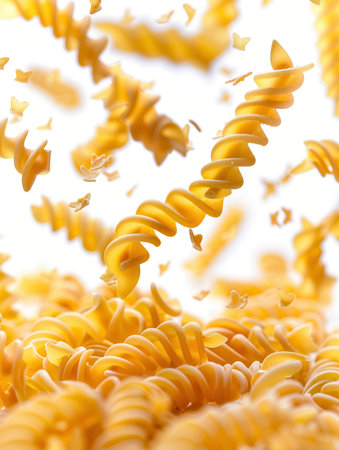 Raw Italian pasta falls gracefully against a white background.の素材