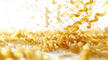 A close-up shot of raw Italian pasta falling gracefully against a white background.の素材