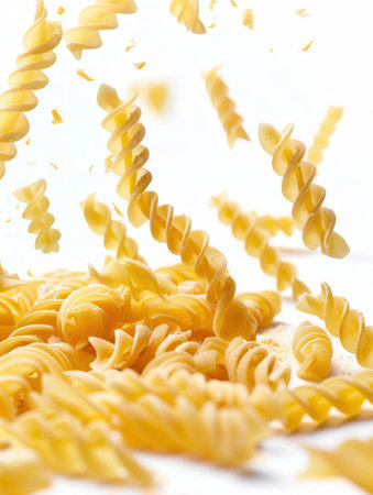 Raw, uncooked pasta spirals gracefully falling onto a white isolated background.の素材