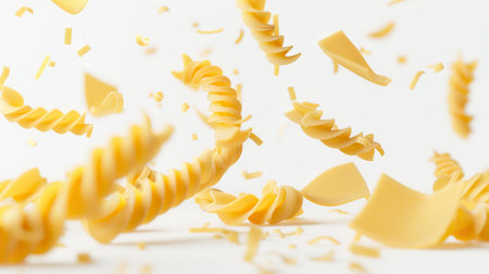 Raw Italian pasta falls gracefully against a white background, creating a visually appealing and elegant image.の素材