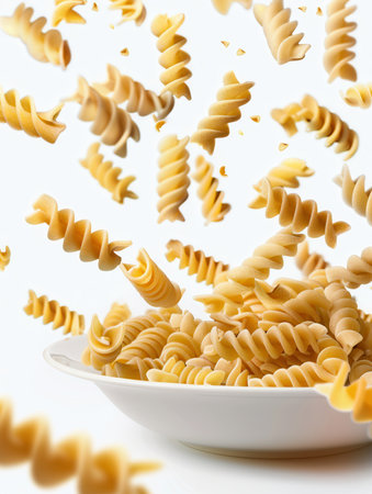 Raw, spiraled pasta gracefully falls into a white bowl against a white background.の素材