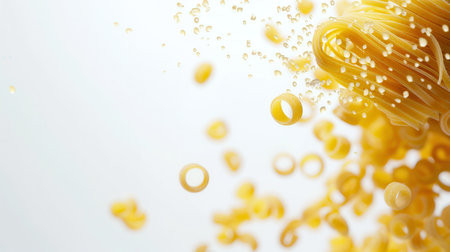 Raw Italian pasta falls gracefully against a white background.の素材