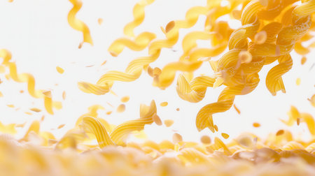 A close-up view of raw Italian pasta falling against a white background.の素材