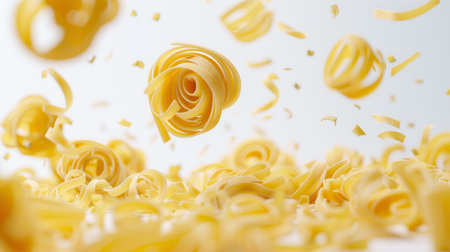 Raw Italian pasta falls gracefully against a white background.の素材
