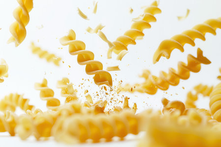 Raw Italian pasta spirals fall gracefully on a white background, creating a dynamic and elegant scene.の素材