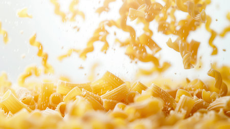 Raw Italian pasta falling gracefully onto a white background.の素材