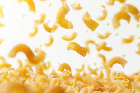 Raw Italian pasta gracefully falling and landing on a white background.の素材