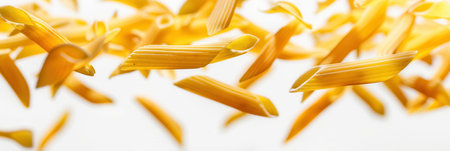 Raw Italian pasta gracefully falls against a white background.の素材