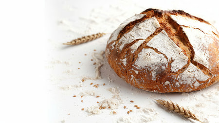 A freshly baked loaf of wheat bread sits on a white surface, surrounded by flour and wheat stalks.の素材