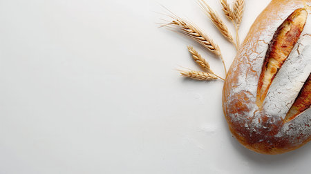 A freshly baked loaf of bread made with wheat flour sits on a white background. Three wheat ears are placed beside the bread.の素材