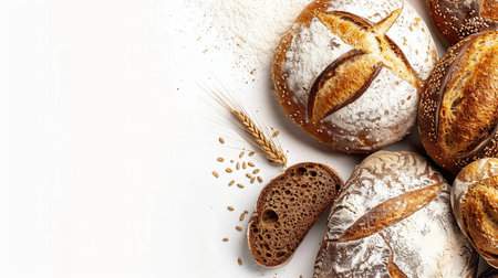Freshly baked wheat bread loaves with a wheat stalk and flour scattered on a white background.の素材