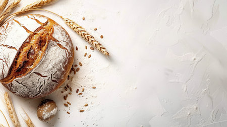 A freshly baked loaf of wheat bread rests on a white background, surrounded by wheat stalks and scattered kernels.の素材