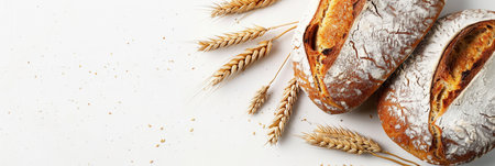 Two freshly baked wheat bread loaves on a white background with wheat stalks scattered around.の素材