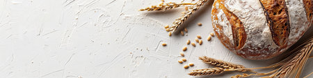 A freshly baked bread loaf made with wheat flour sits on a white background, surrounded by wheat stalks.の素材