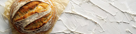 A close-up view of a freshly baked wheat bread loaf resting on parchment paper, with a white, textured background.の素材