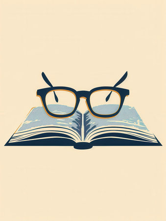 An open book rests on a minimalist background, with a pair of eyeglasses resting on top of it.の素材
