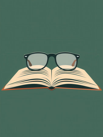 A minimalist image of an open book with eyeglasses resting on top of it, against a solid green background.の素材