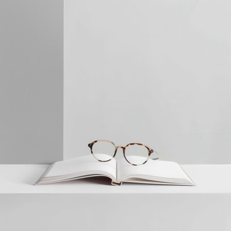 Eyeglasses Resting On An Open Book Against A White Background.の素材