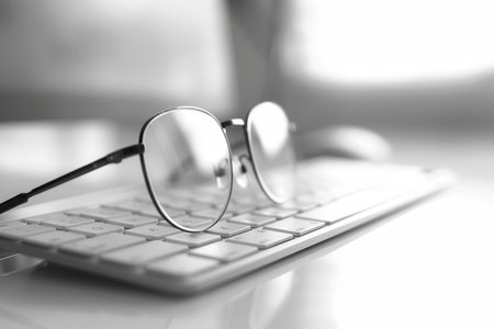 Eyeglasses sit on a white keyboard, suggesting a moment of pause during work.の素材