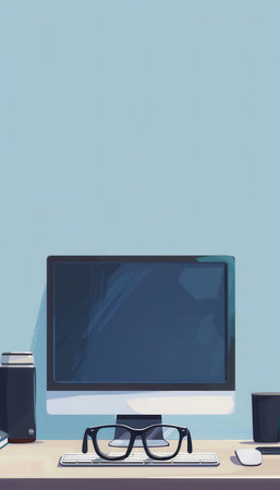 A minimalist office desk with a computer monitor, a keyboard, eyeglasses, and a mouse, with a light blue wall in the background.の素材