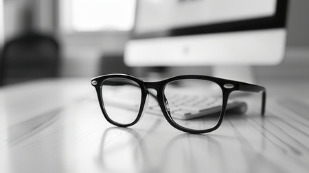 Eyeglasses resting on a white desk next to a computer monitor in a modern office.の素材