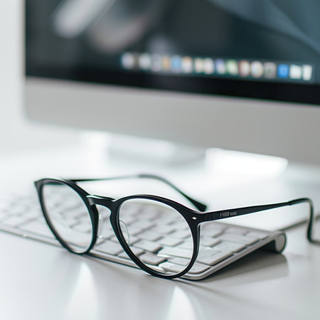 Eyeglasses rest on a white keyboard in front of a blurry computer screen.の素材