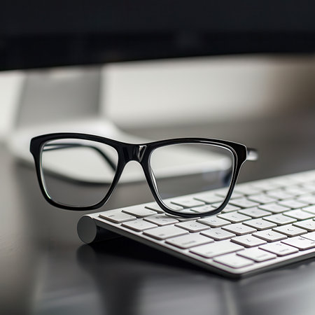 Black eyeglasses sit on a white keyboard, with a computer monitor blurred in the background.の素材