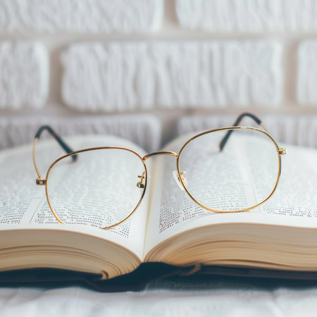 An open book with eyeglasses laying on top, a white brick wall blurred in the background.の素材