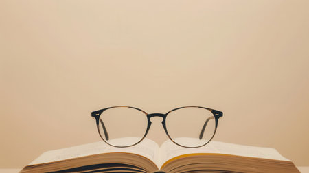 Eyeglasses with black frames are resting on an open book against a minimalist background.の素材