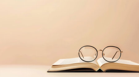 Eyeglasses resting on an open book against a simple, minimalist background.の素材