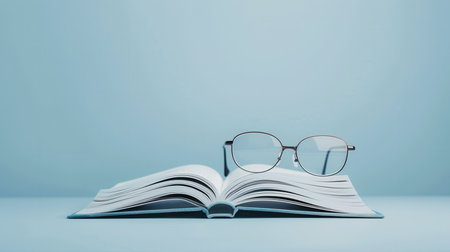 An open book with eyeglasses resting on top of it sits on a light blue background.の素材