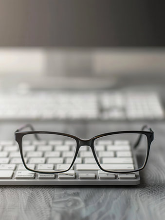 A pair of black eyeglasses rests on a white computer keyboard, with the keyboard keys blurred in the background.の素材