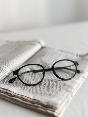 Black-framed eyeglasses rest on an open book with a white background.の素材
