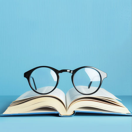 Eyeglasses rest on top of a book with its pages open, against a blue background.の素材