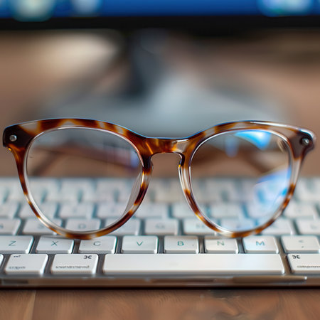 A pair of brown tortoise shell eyeglasses rest on a white keyboard, with a blurred computer monitor in the background.の素材