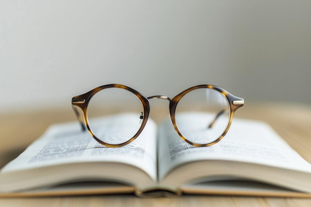 Round eyeglasses rest on a white, open book against a minimalist background.の素材