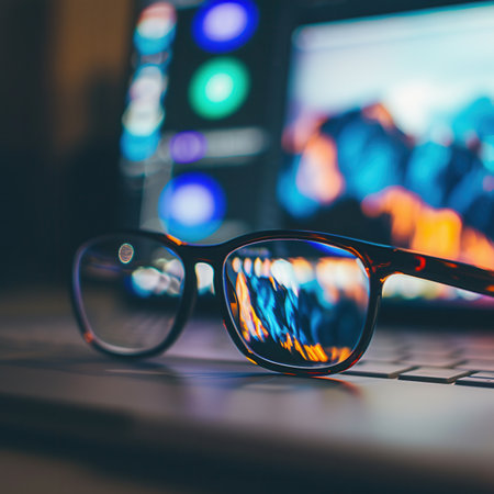 Close-up shot of eyeglasses resting on a computer keyboard, reflecting a blurred computer screen with bright colors.の素材