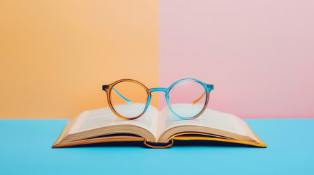 A close-up shot of a book lying open on a blue surface, with eyeglasses resting on top. The background is a minimalist combination of light orange, pink, and blue.の素材