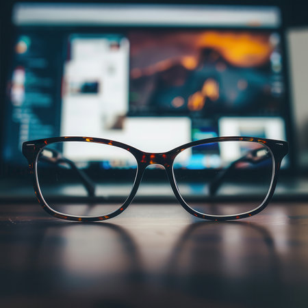 Tortoise shell eyeglasses rest on a desk in front of a computer screen, reflecting the light from the screen.の素材