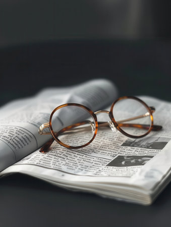Round eyeglasses rest on an open book with a black background.の素材