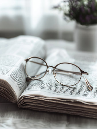 Eyeglasses resting on an open book with a minimalist background.の素材