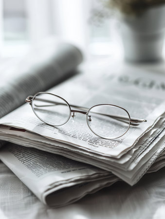 A pair of silver eyeglasses rests on an open newspaper, with a blurred background.の素材