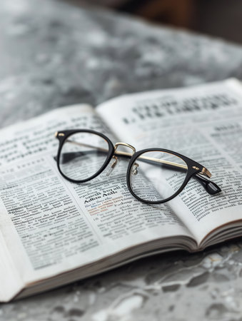 Black eyeglasses are resting on a page of an open book with black text.の素材