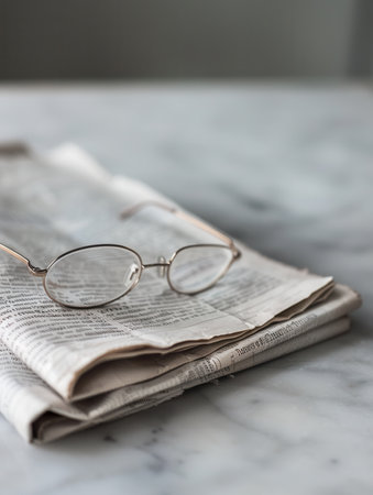 A pair of eyeglasses lies on top of a folded newspaper, resting on a white marble tabletop.の素材