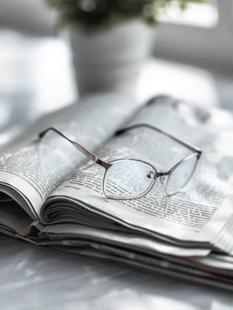 Eyeglasses rest on an open book with a minimalist background.の素材