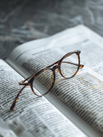 Eyeglasses are resting on an open book with a simple, minimalist background.の素材