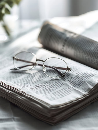 Eyeglasses resting on an open book, with a minimalist background.の素材